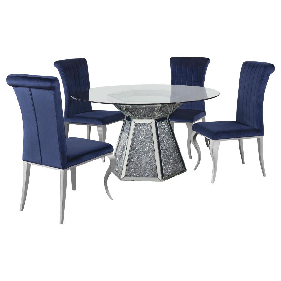 5-piece Round Glass Top Mirrored Dining Set