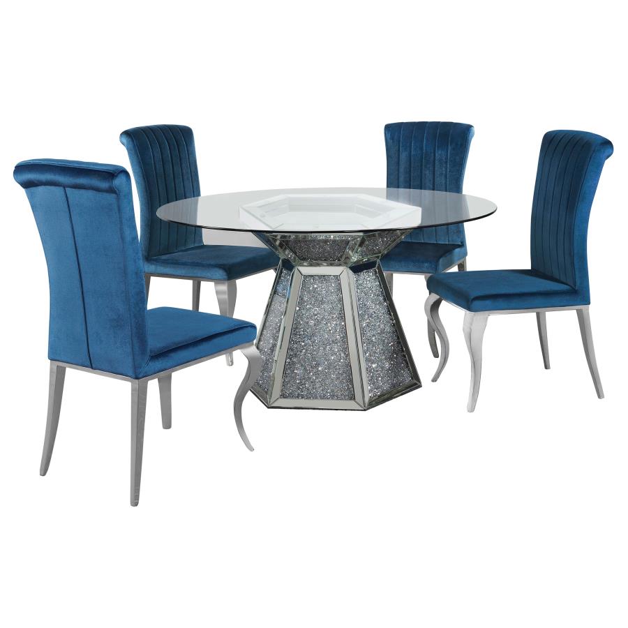 5-piece Round Glass Top Mirrored Dining Set