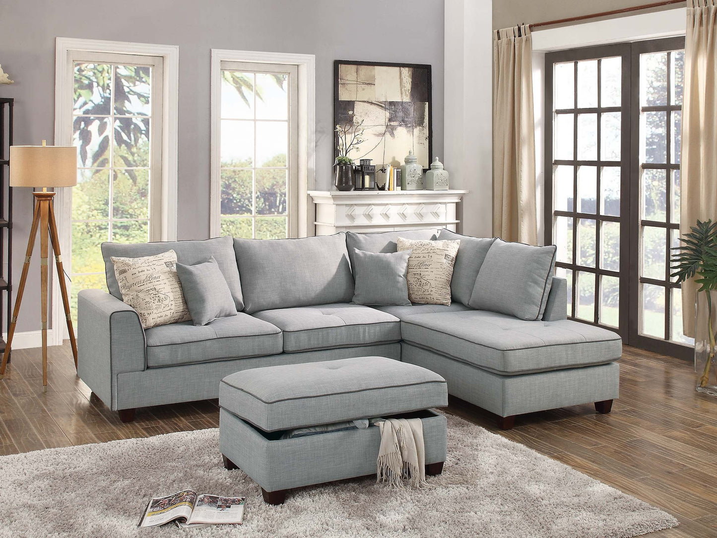 3-PC Reversible Sectional Sofa Set W/ Storage Ottoman
