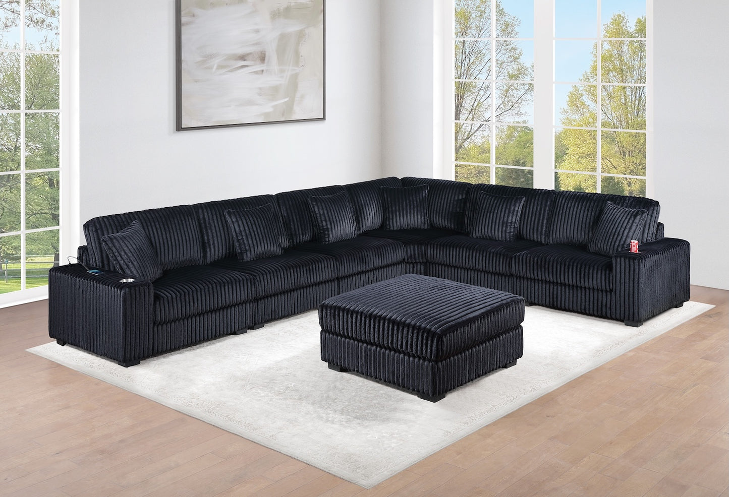 7 Piece Set Black Corduroy Modular Sectional Sofa