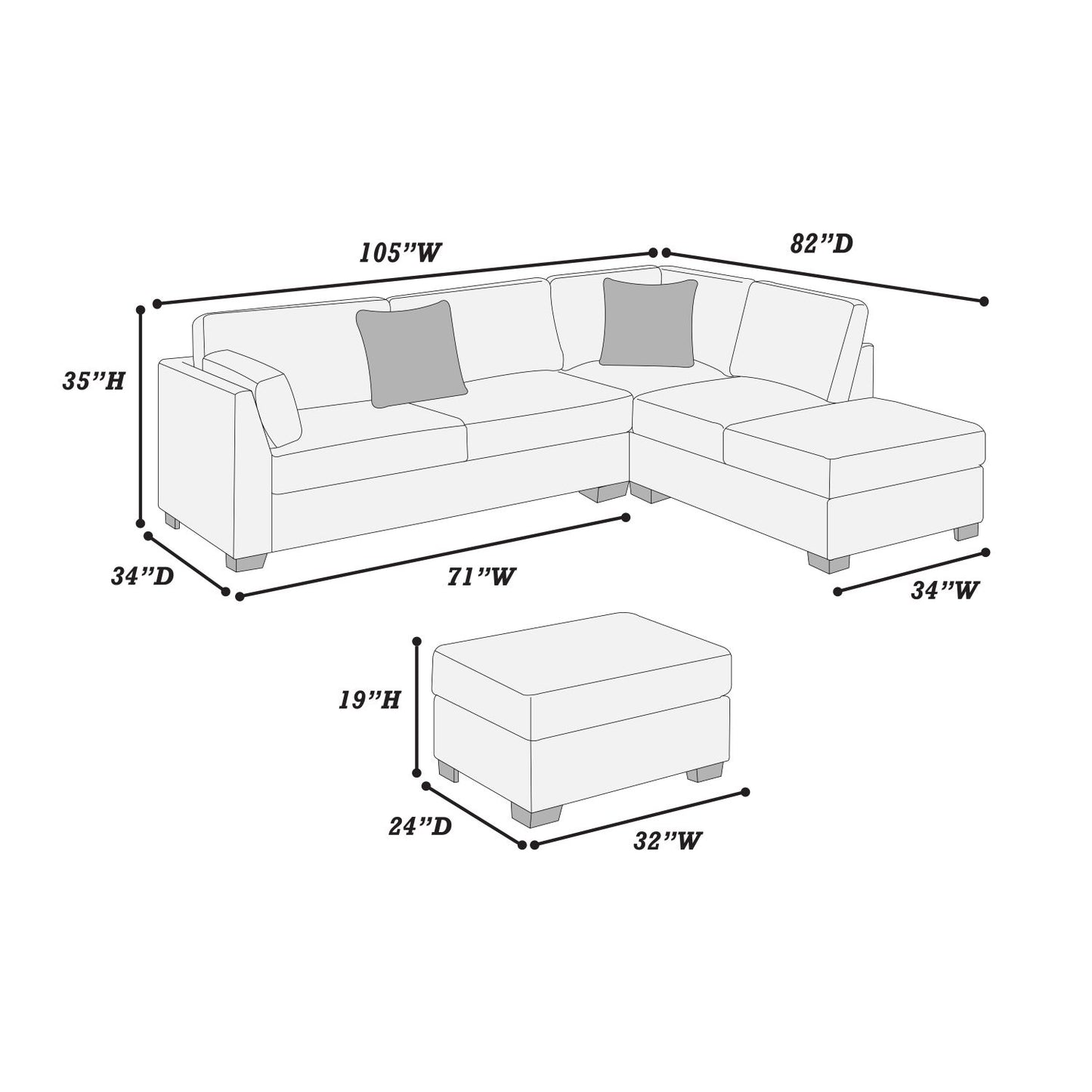 3-Piece Reversible Sectional Set W/ Ottoman