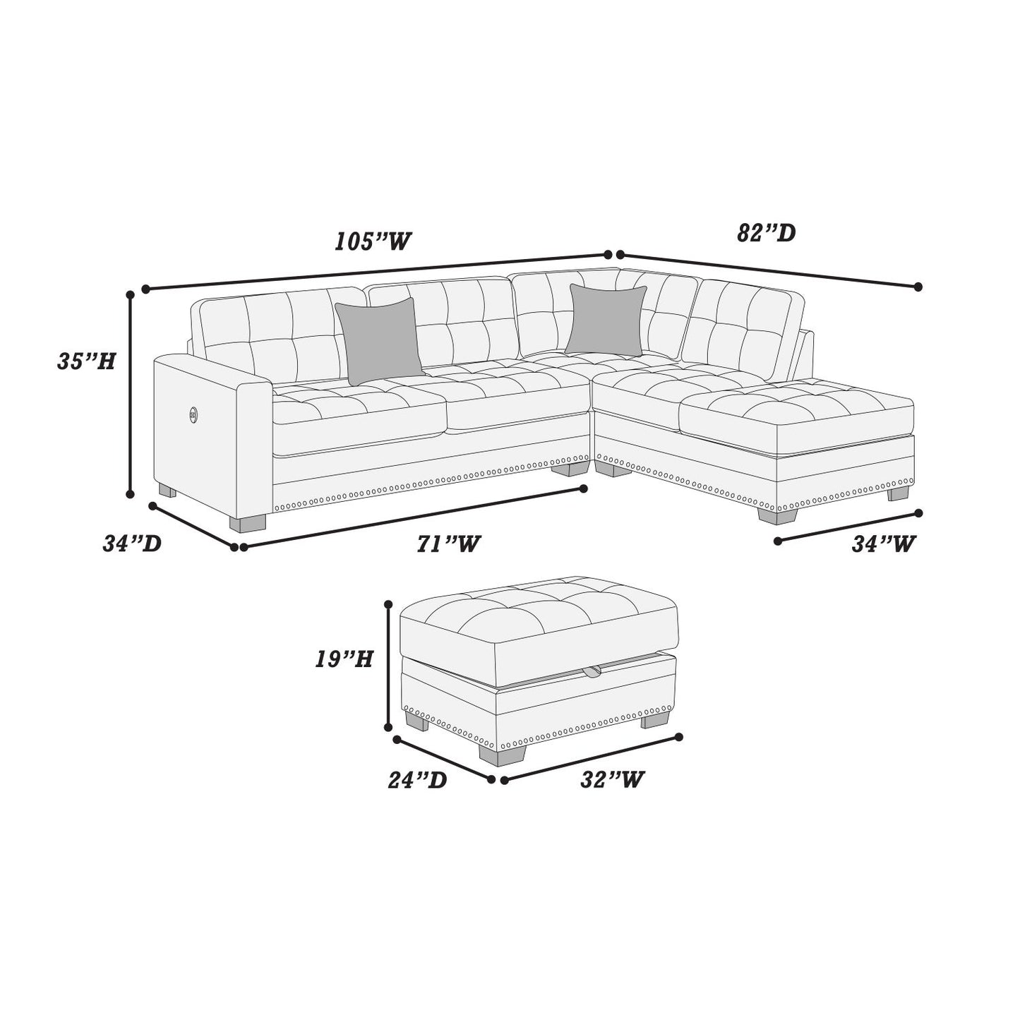 3-Piece Reversible Sectional Set W/ Ottoman