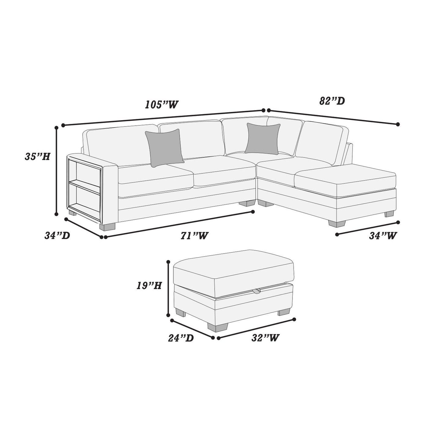 3-Piece Reversible Sectional Set W/ Ottoman