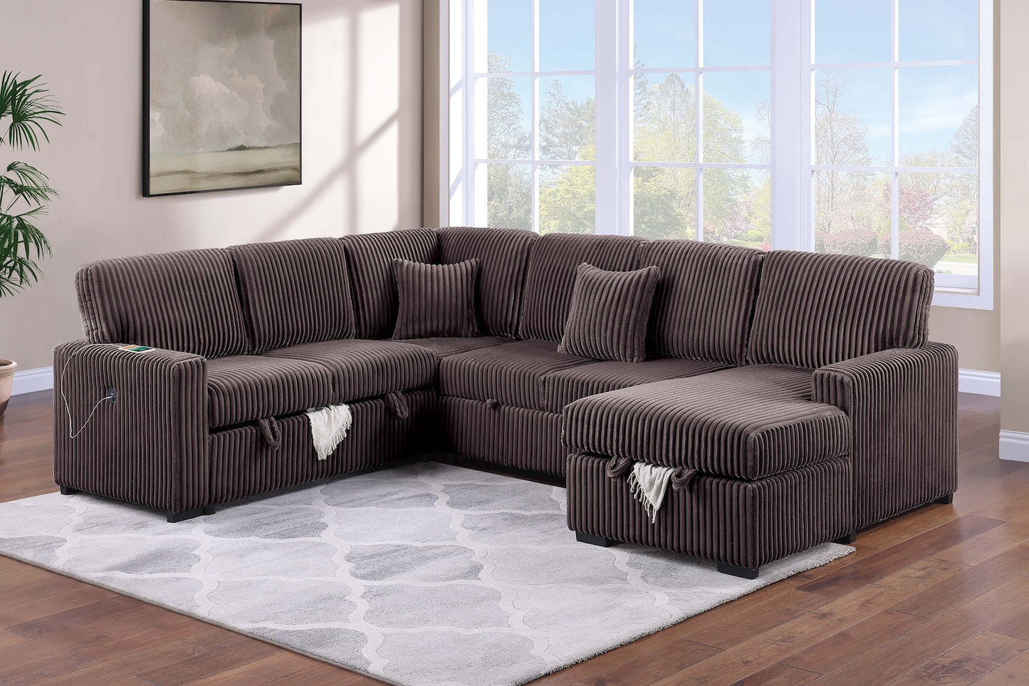 U Shape Sectional Sofa with Pull-Out Sleeper Bed and Storage Chaise