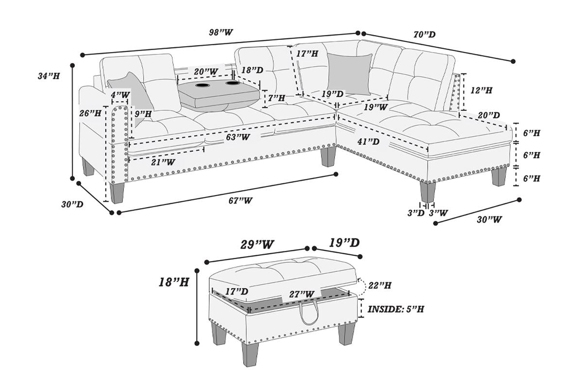 3-PC Sectional Sofa with Storage Ottoman