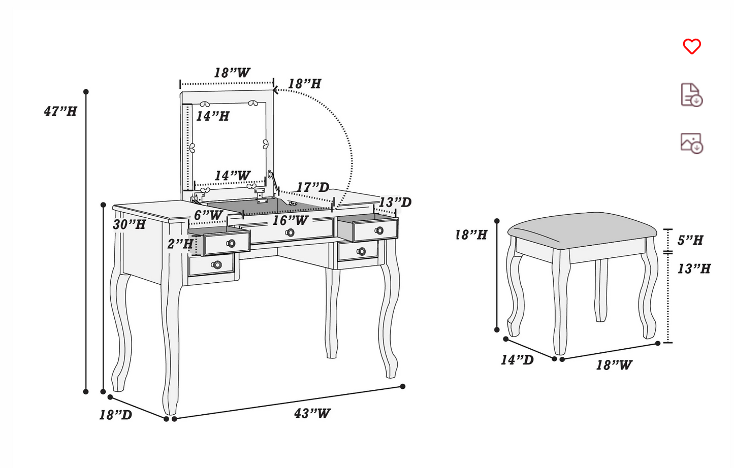 3-Piece Vanity Table Mirror Stool Set