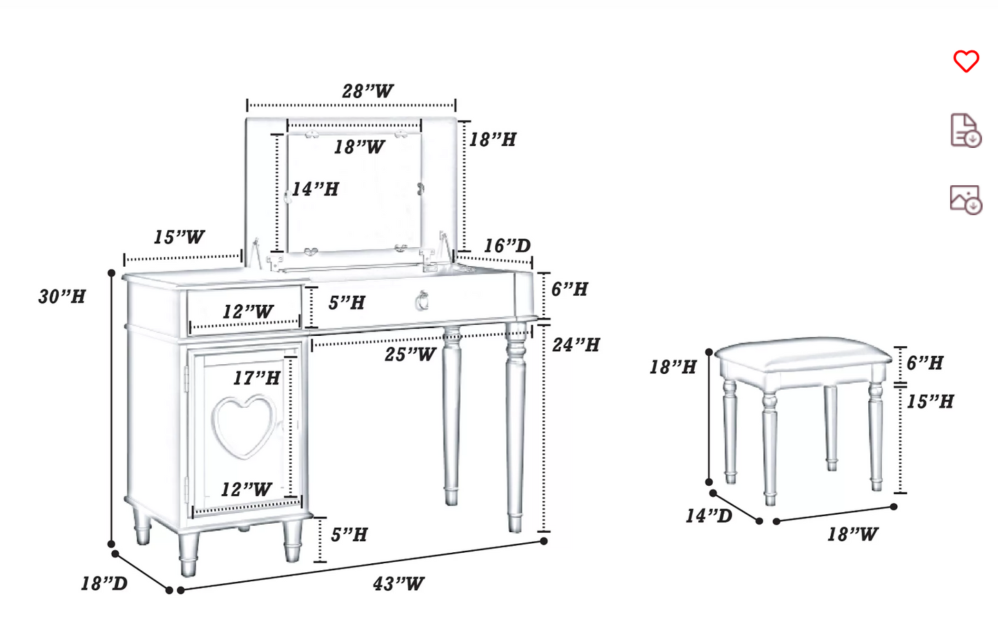 2-Piece Vanity table with Foldable Mirror and Stool Set