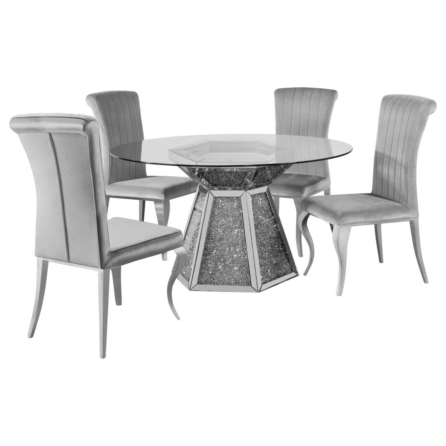 5-piece Round Glass Top Mirrored Dining Set