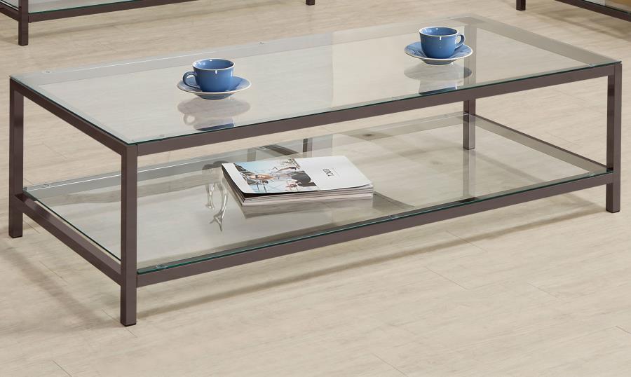Rectangular Glass Top Coffee Table Black Nickel with Shelf