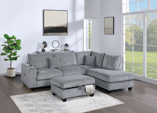 3PC Corduroy Fabric Sectional with Storage Ottoman