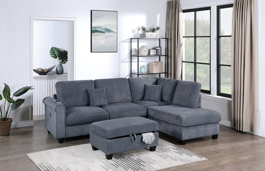 3PC Corduroy Fabric Sectional with Storage Ottoman