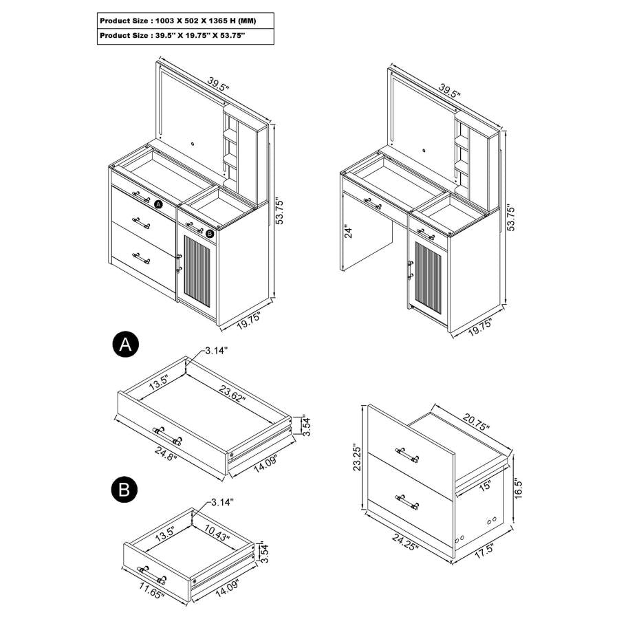 2-drawer Vanity Set with LED Mirror Black / White High Gloss