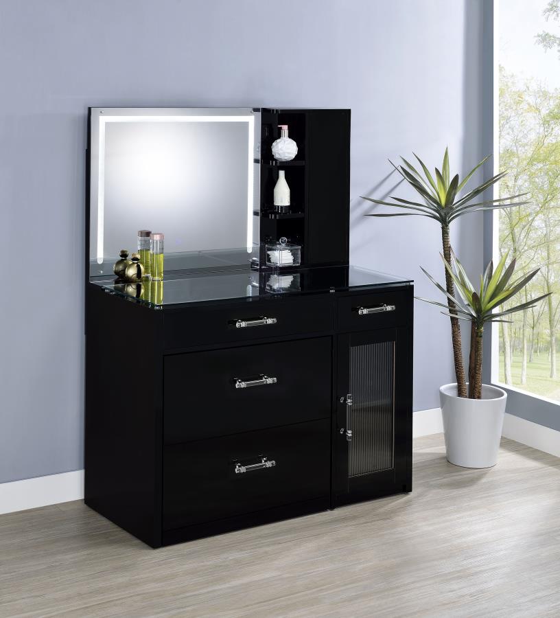 2-drawer Vanity Set with LED Mirror Black / White High Gloss