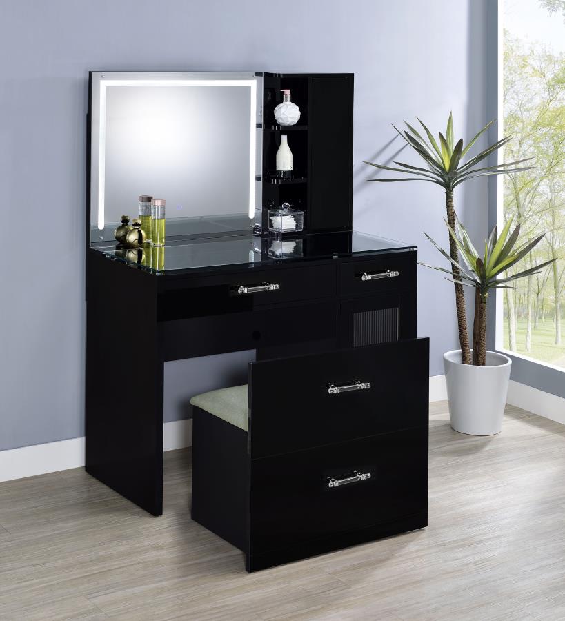2-drawer Vanity Set with LED Mirror Black / White High Gloss