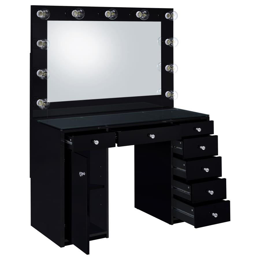 7-drawer Vanity Set with Lighting Black High Gloss