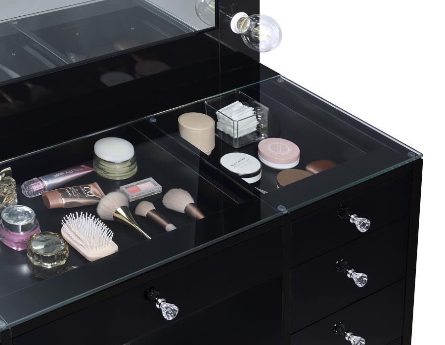 7-drawer Vanity Set with Lighting Black High Gloss