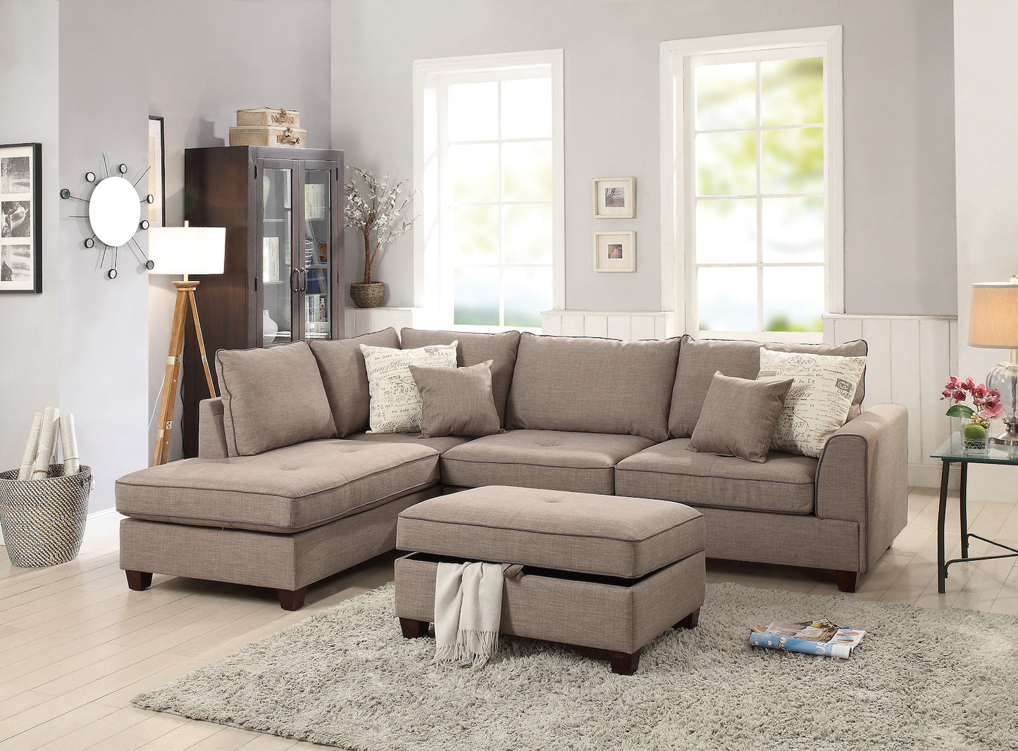 3-PC Reversible Sectional Sofa Set W/ Storage Ottoman