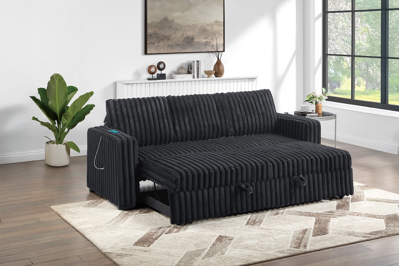 Corduroy Fabric Convertible Sleeper Sofa with Pull-Out Bed