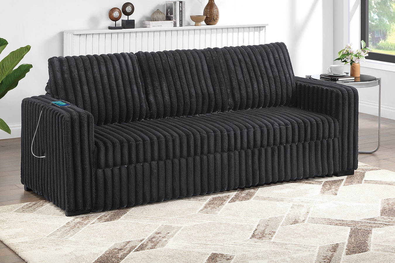 Corduroy Fabric Convertible Sleeper Sofa with Pull-Out Bed