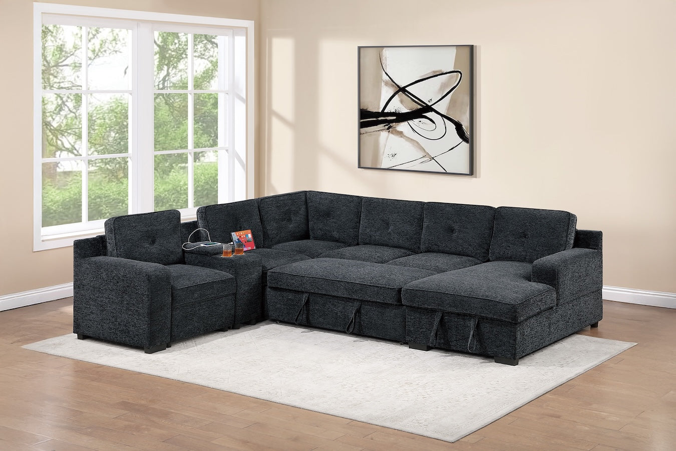Chenille Fabric U Shape Convertible Sectional Sofa with Storage Chaise Pullout Sleeper Bed Set
