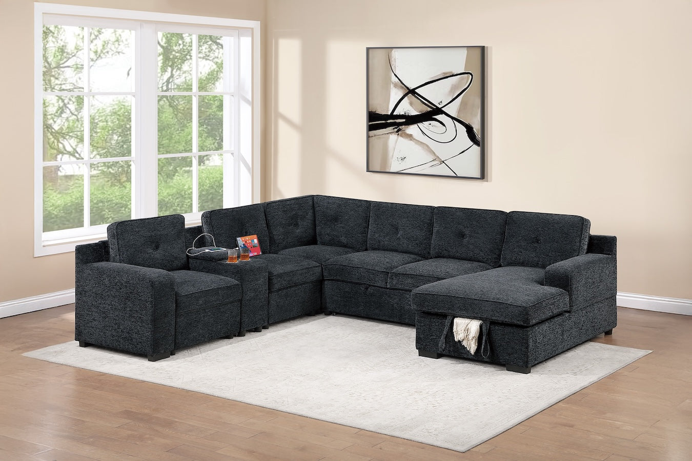 Chenille Fabric U Shape Convertible Sectional Sofa with Storage Chaise Pullout Sleeper Bed Set
