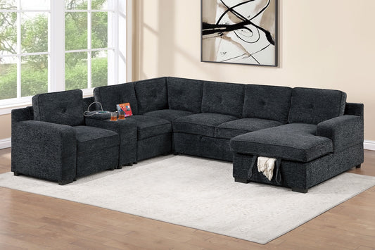 Chenille Fabric U Shape Convertible Sectional Sofa with Storage Chaise Pullout Sleeper Bed Set