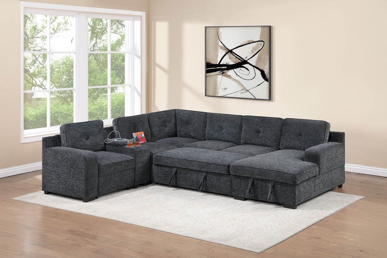 Chenille Fabric U Shape Convertible Sectional Sofa with Storage Chaise Pullout Sleeper Bed Set