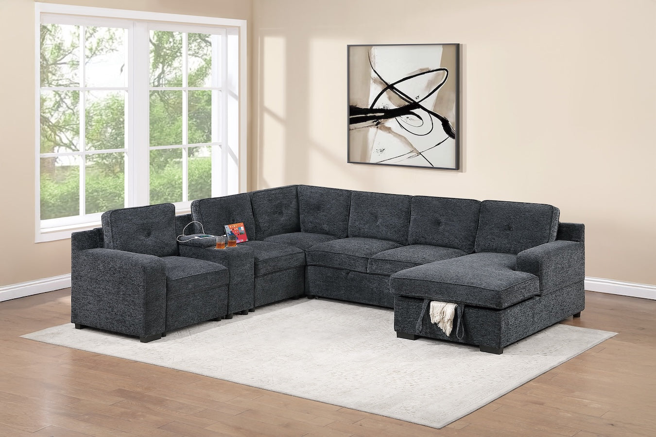 Chenille Fabric U Shape Convertible Sectional Sofa with Storage Chaise Pullout Sleeper Bed Set