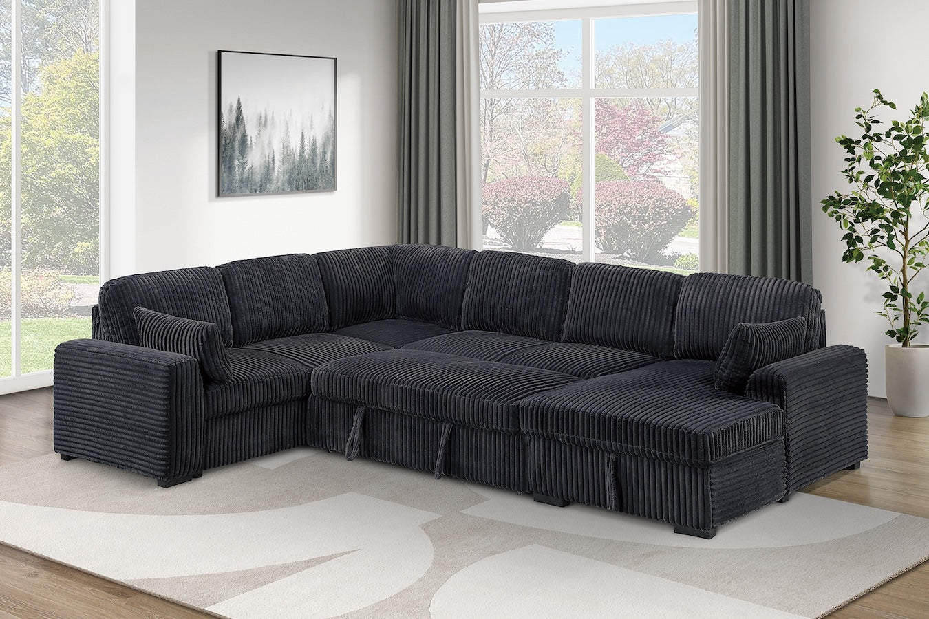 Corduroy Fabric U Shape Convertible Sectional Sofa with Storage Chaise Pullout Sleeper Bed Set