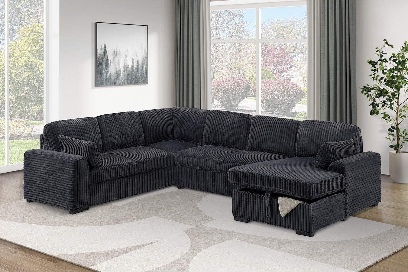 Corduroy Fabric U Shape Convertible Sectional Sofa with Storage Chaise Pullout Sleeper Bed Set