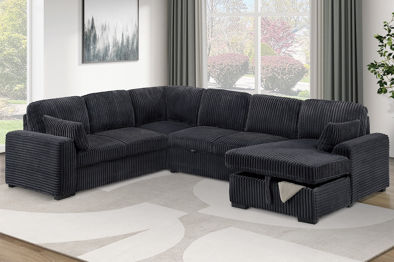 Corduroy Fabric U Shape Convertible Sectional Sofa with Storage Chaise Pullout Sleeper Bed Set