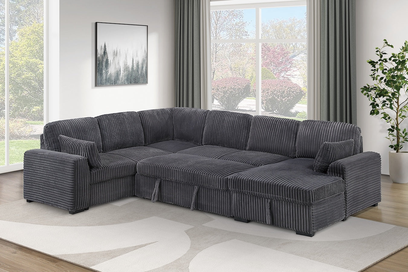 Corduroy Fabric U Shape Convertible Sectional Sofa with Storage Chaise Pullout Sleeper Bed Set