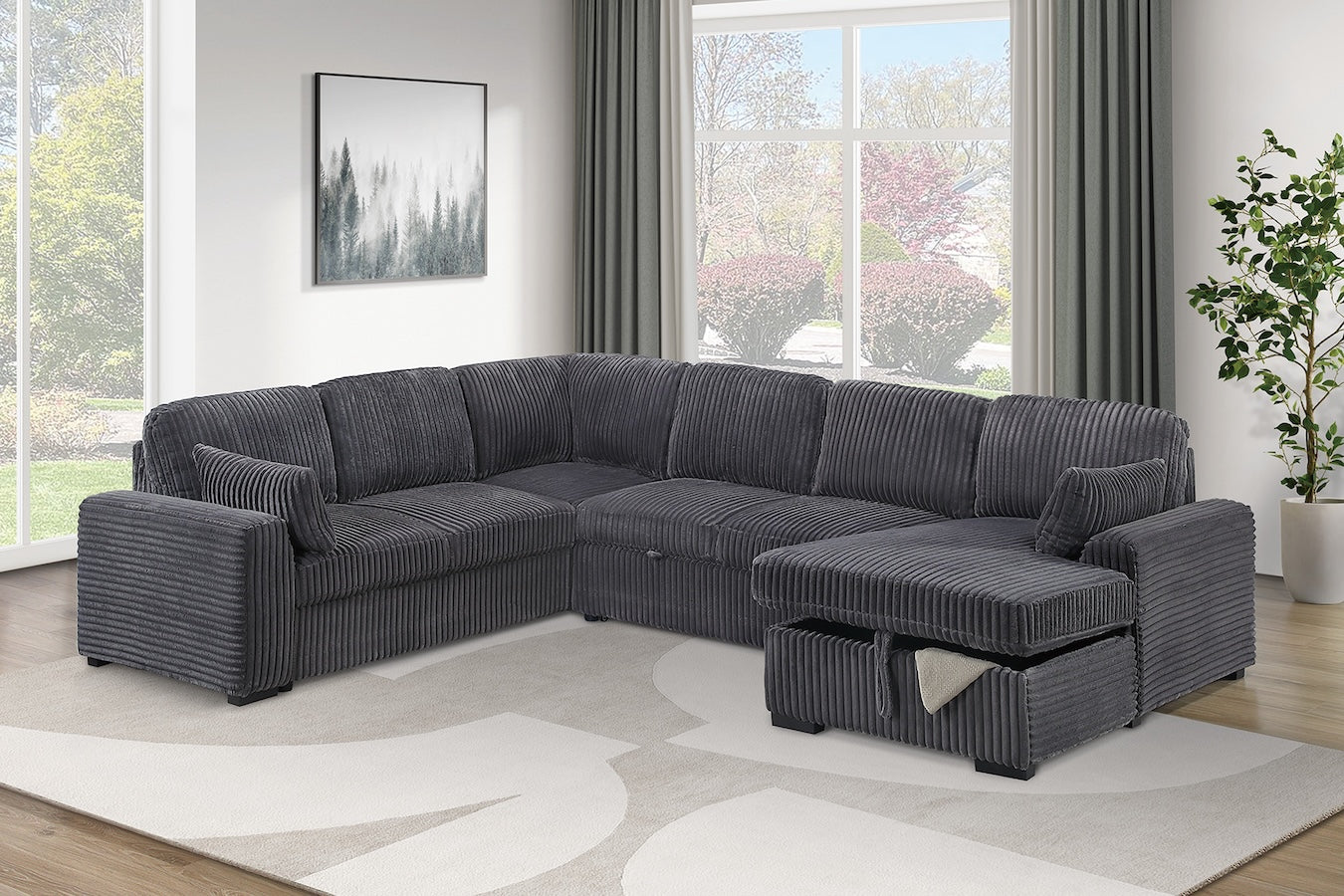 Corduroy Fabric U Shape Convertible Sectional Sofa with Storage Chaise Pullout Sleeper Bed Set