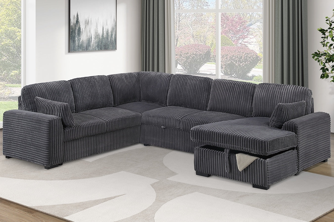 Corduroy Fabric U Shape Convertible Sectional Sofa with Storage Chaise Pullout Sleeper Bed Set