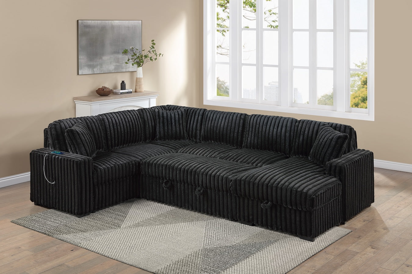 Corduroy Fabric U Shape Convertible Sectional Sofa with Storage Chaise Pullout Sleeper Bed Set (ETA: 9/30)