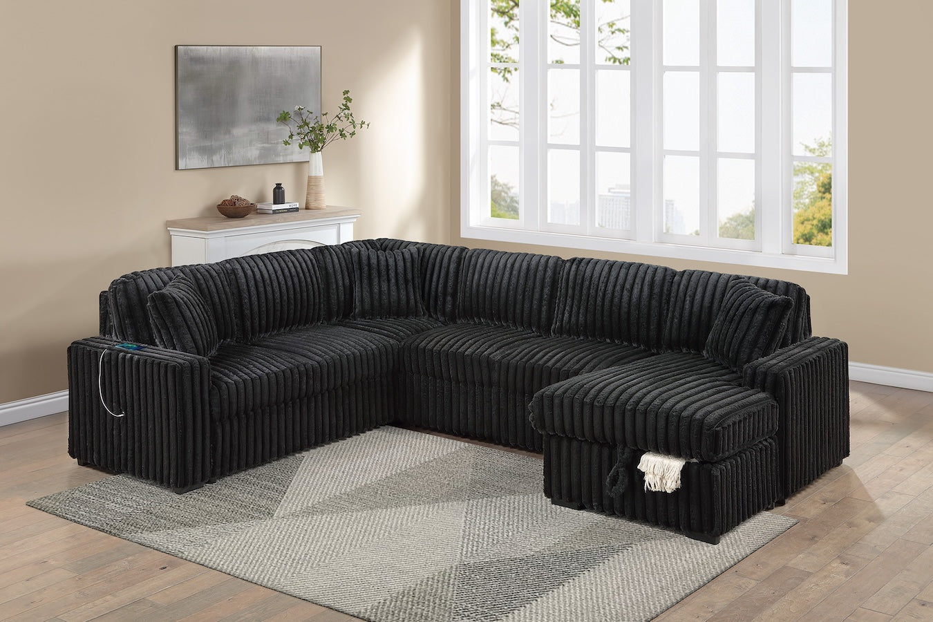 Corduroy Fabric U Shape Convertible Sectional Sofa with Storage Chaise Pullout Sleeper Bed Set (ETA: 9/30)