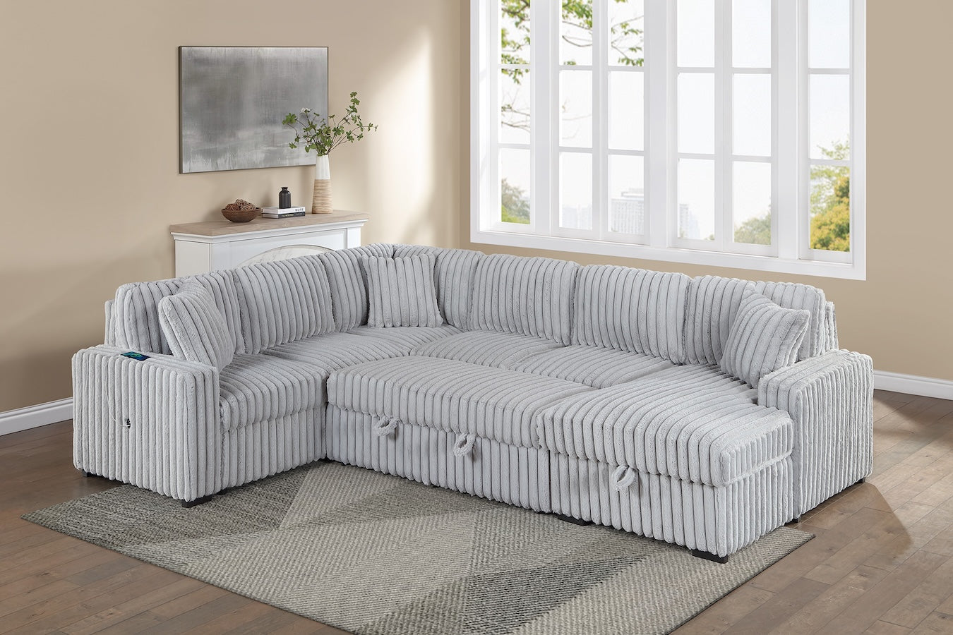 Corduroy Fabric U Shape Convertible Sectional Sofa with Storage Chaise Pullout Sleeper Bed Set (ETA: 9/30)