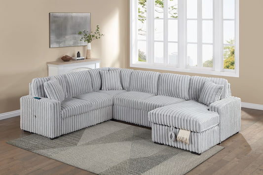 Corduroy Fabric U Shape Convertible Sectional Sofa with Storage Chaise Pullout Sleeper Bed Set