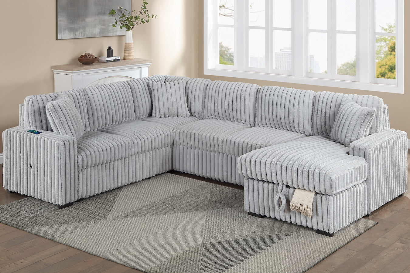 Corduroy Fabric U Shape Convertible Sectional Sofa with Storage Chaise Pullout Sleeper Bed Set (ETA: 9/30)