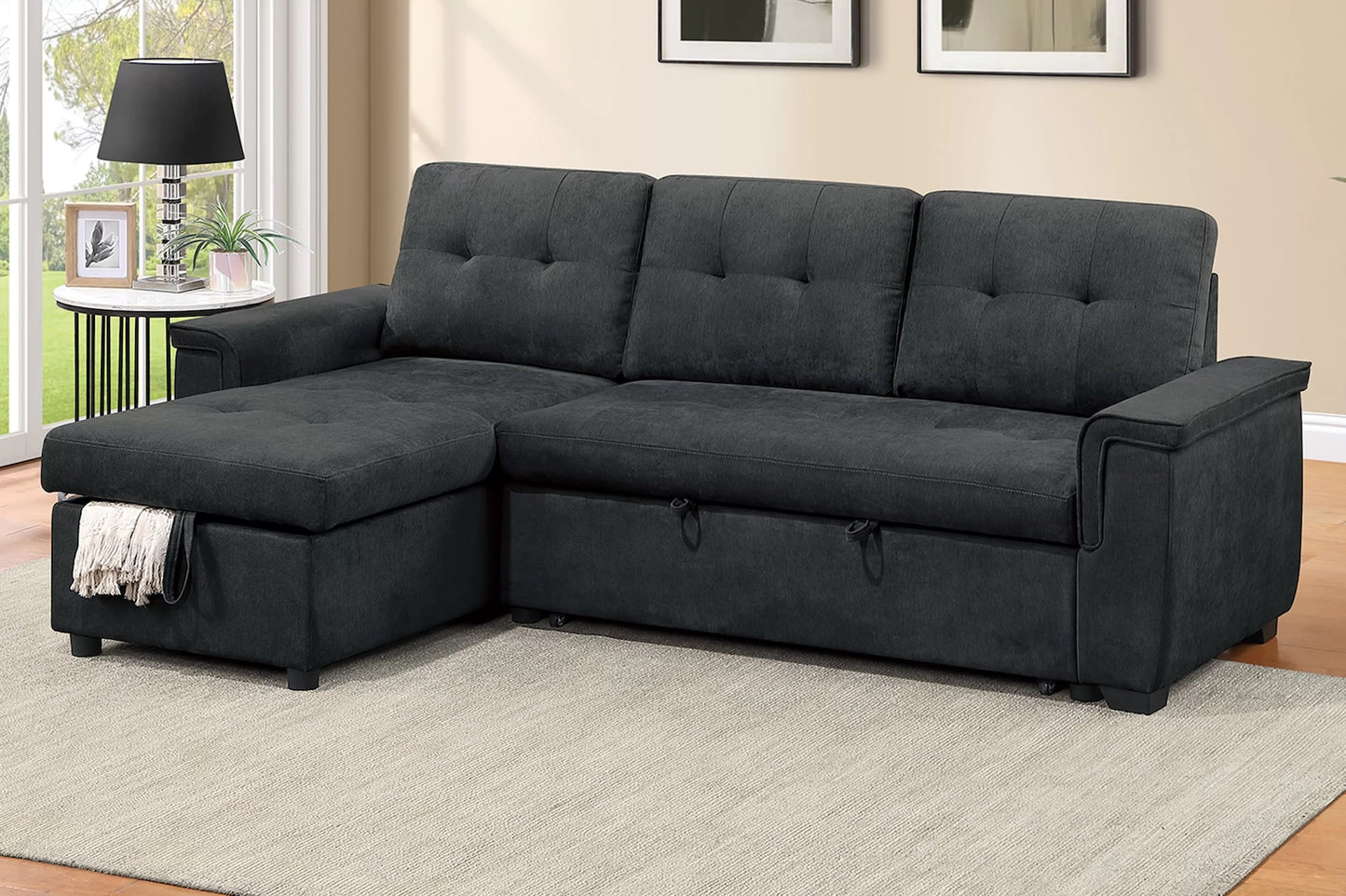 2-PC Convertible Sectional Sofa with Pull-out Bed and Reversible Storage Chaise