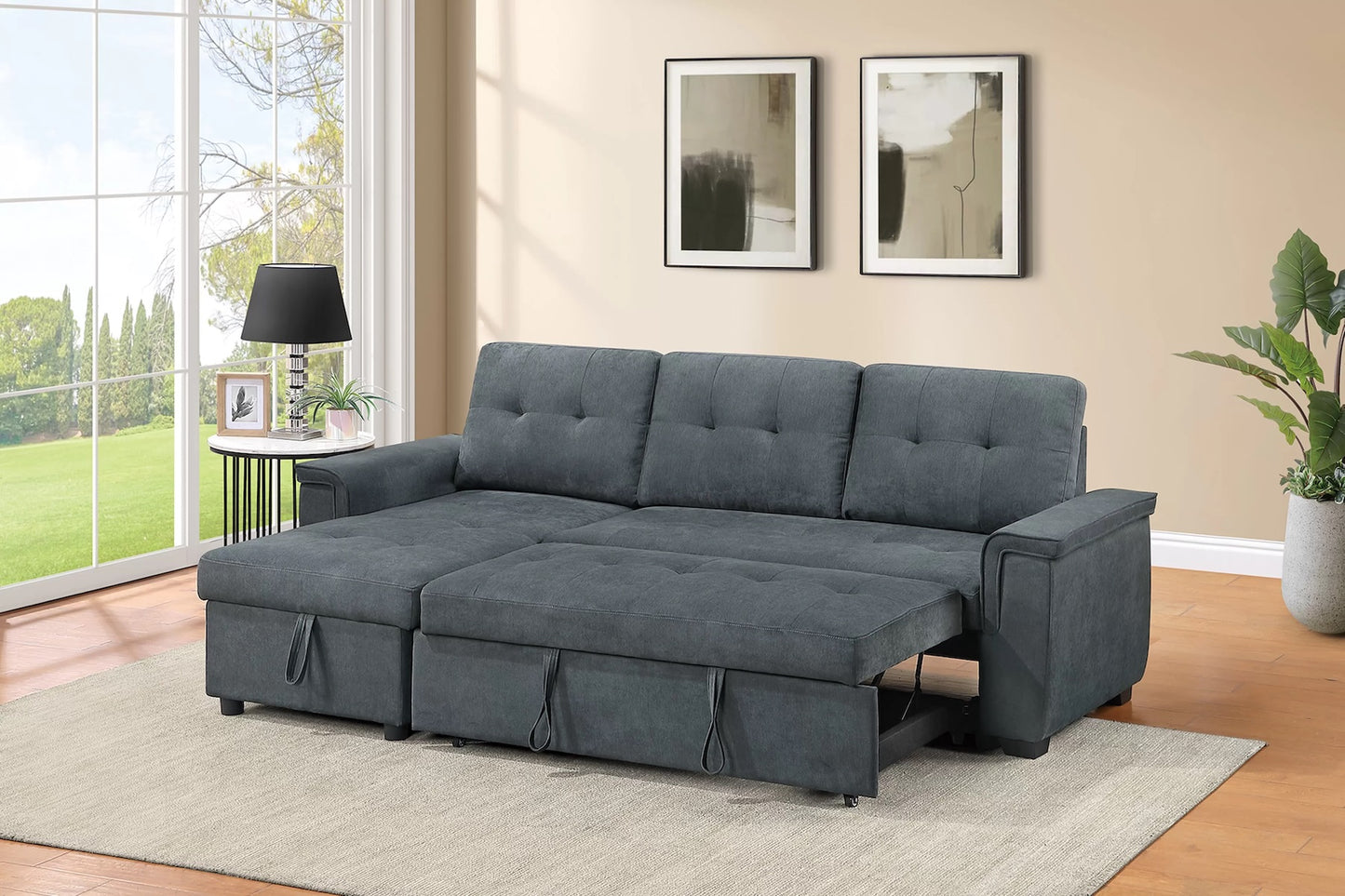 2-PC Convertible Sectional Sofa with Pull-out Bed and Reversible Storage Chaise