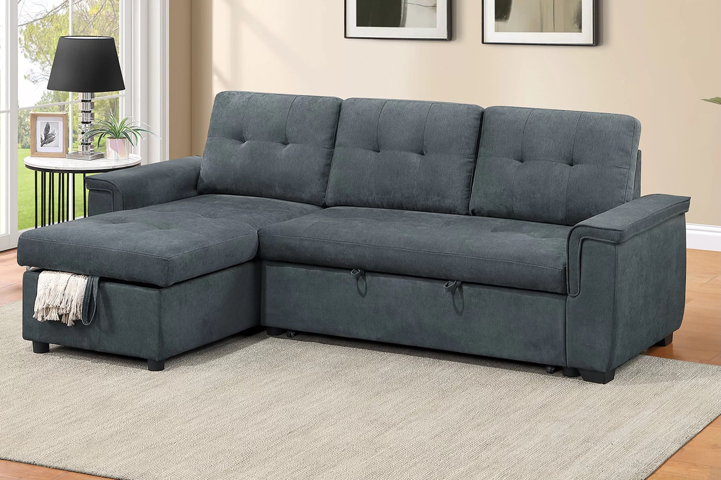 2-PC Convertible Sectional Sofa with Pull-out Bed and Reversible Storage Chaise