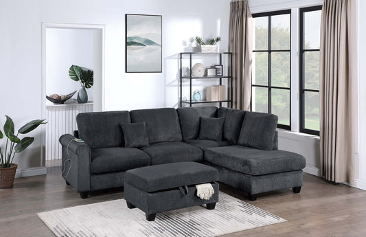 3-PC Corduroy Sectional Sofa with Ottoman