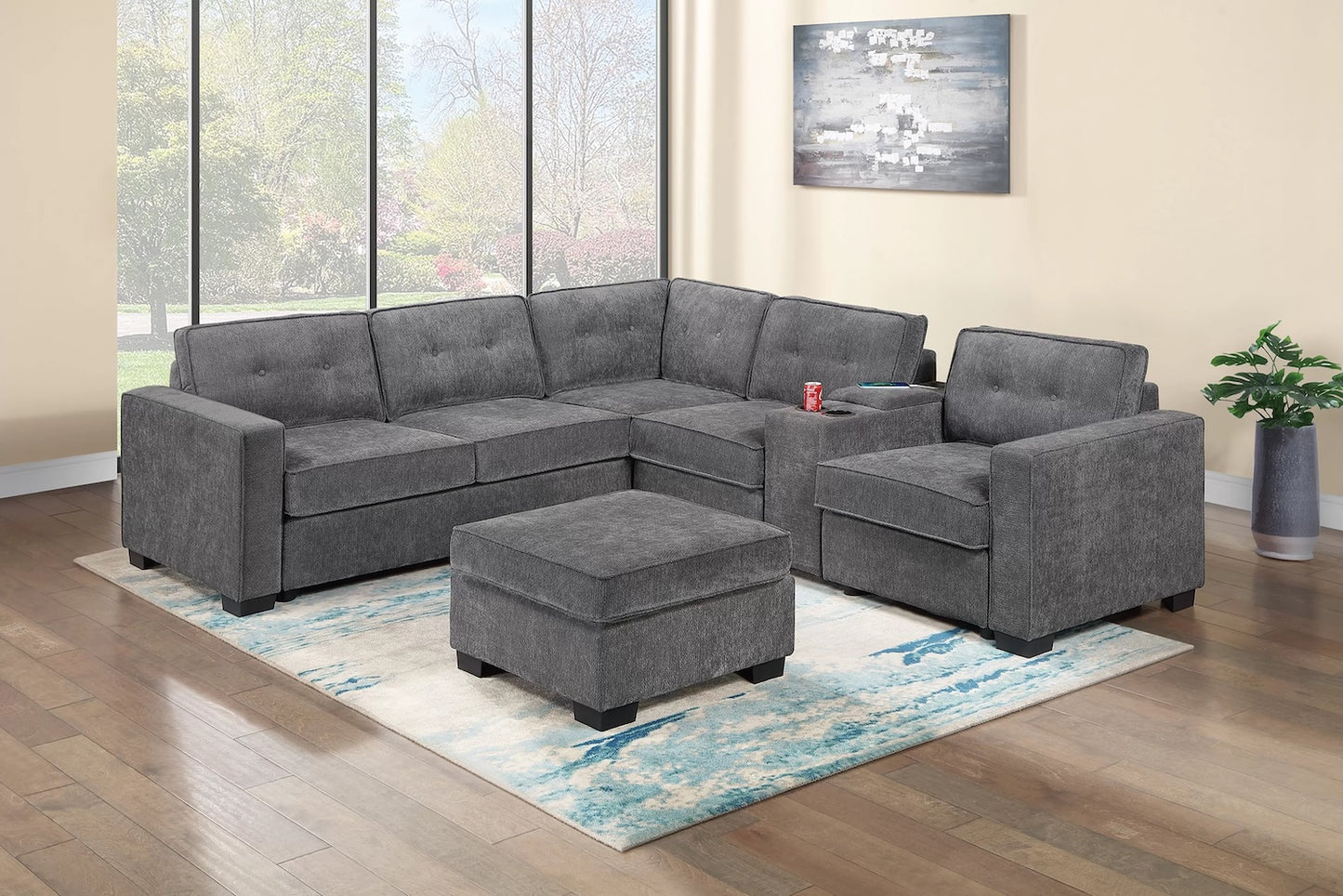 4 Piece Waffle Suede Fabric Sectional Sofa and Ottoman Set (ETA: 8/15)