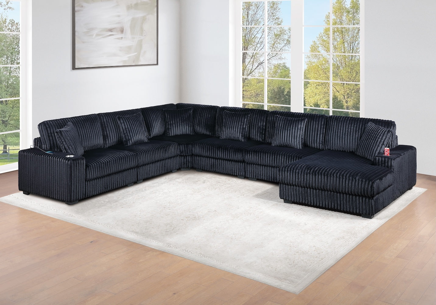 6 Piece Set Black Corduroy Modular Sectional Sofa