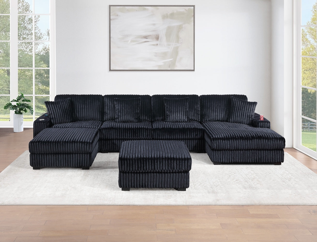 6 Piece Set Black Corduroy Modular Sectional Sofa