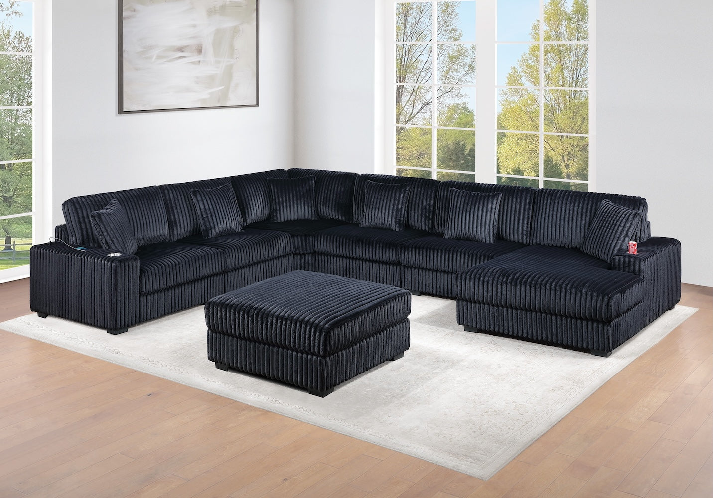 7 Piece Set Black Corduroy Modular Sectional Sofa