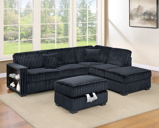 Corduroy Fabric Sectional Sofa with Reversible Chaise and Storage Ottoman
