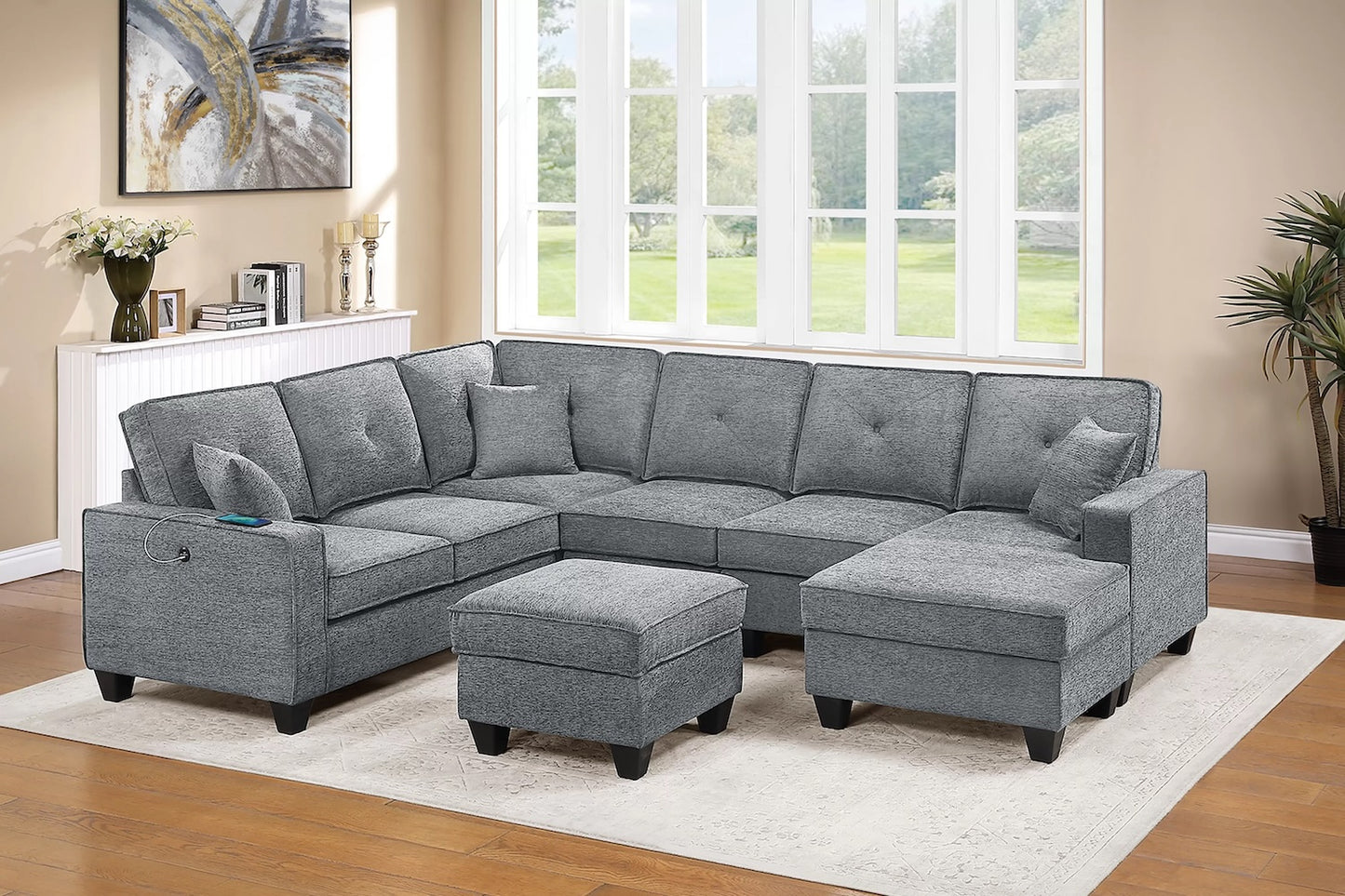 5 Piece Chenille Fabric Sectional Sofa and Ottoman Set