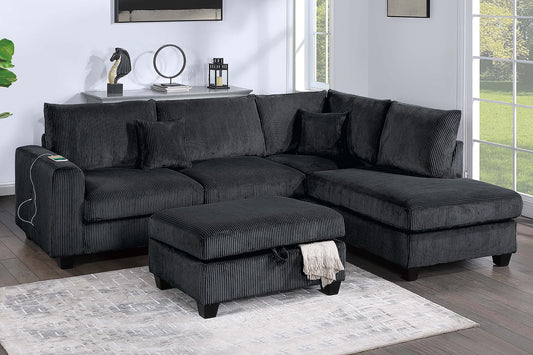 3-PC Corduroy Sectional Sofa with Storage Ottoman